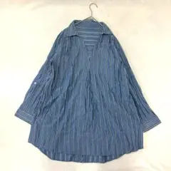 GYESSO 麻混合　リネン　後ろボタン　ストライプシャツ