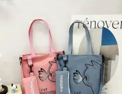 猫イラスト トートバッグブルー