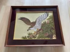 【最終値下げ】刺繍画「老松と鷹」 ホークス 縁起 絵画 和風 レトロ 額縁付き