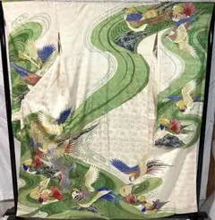 C674正絹 振袖 鴛鴦鳥流水地模様金彩金銀刺繍柄 未使用しつけ付 成人式 着物