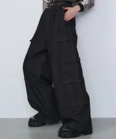 【新品未開封】AIVER　バギーデニムカーゴパンツ　L ブラック　ユニセックス