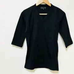 テレコ生地　半袖VネックTシャツ　M　黒ブラック　細身　シンプル　かっこいい