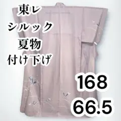 【美品✨】東レシルック　洗える着物　夏物　絽　付け下げ　舞蝶　梅鼠色　銀彩　E9