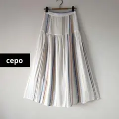 cepo★ストライプロングスカート 麻混 後ろゴム 淡いマルチカラー M