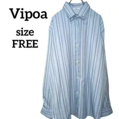 Vipoa　ストライプシャツ　リボンタイシャツ　ビックシルエット　ブルー　F