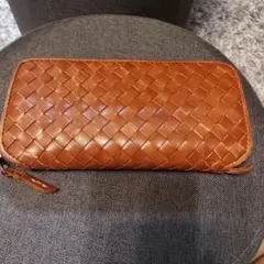 編み込みレザー 長財布 ブラウン