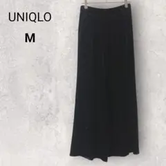 ユニクロ ベロアワイドパンツ M 紺 無地 ウエスト総ゴム 光沢 足長効果