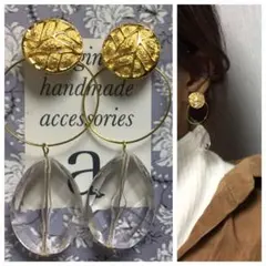 1162 2way☺︎リーフ柄風ゴールドのアンティークピアス×フープクリア☺︎