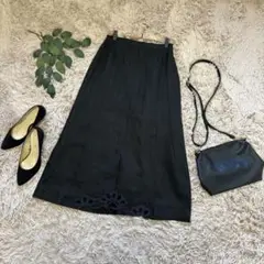 4764❃リネンロングスカート❃裾レース/Aライン/大人上品/麻100%/9