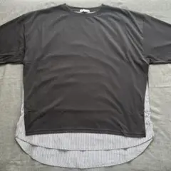 レイヤード風Tシャツ Lサイズ 黒×ストライプ