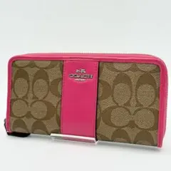 【美品】COACH シグネチャー 長財布 ラウンドファスナー シンプル ピンク