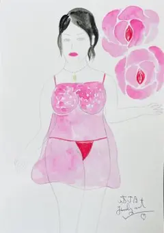 自画像ドローイング♡A4水彩アクリル絵画原画抽象画