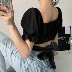 7−5【ミームセレクト】バックリボンショートパフブラウス　ショート丈　肌見