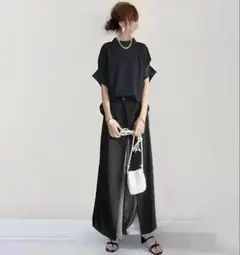 セットアップ　ブラウス　ガウチョパンツ　体型カバー　きれいめ　配色　バイカラー