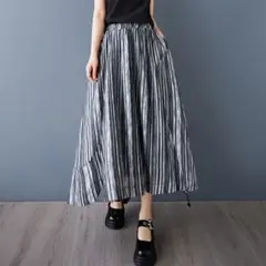 配色 ストライプ柄 着痩せ効果 ロングスカート カジュアル ゆったり