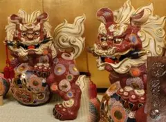 九谷焼　八幡釜　須栄義　獅子　龍玉　置物　床飾　縁起物　高さ35㎝　BK045 九谷焼 八幡釜 須栄義 獅子 龍玉 置物 床飾 縁起物 高さ35