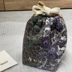 NUIT 巾着袋パッチワーク 刺繍 パールチェーン付き