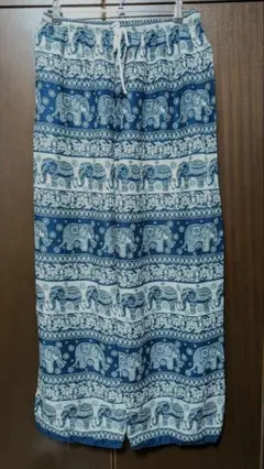 タイパンツ エスニックパンツ 藍色象柄 XL #16