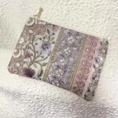 《132》インド刺繍リボンポーチ　ヌビキルト　パープル
