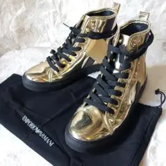 未使用 EMPORIO ARMANI ハイカットスニーカー ゴールド 保護袋付