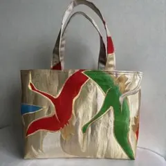 帯リメイクバッグ　金色の鳥刺繍トートバッグ