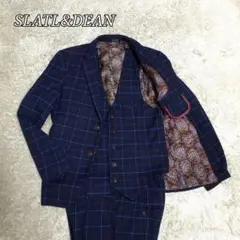 美品✨SLATL&DEAN　スーツ　セットアップ　3ピース　総柄　チェック　紺色