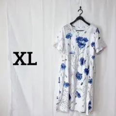 白地に青とオレンジのフラワープリント【XL】カットソー半袖ワンピース
