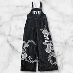 RYU ブラック 花柄刺繍 ハイビスカス ロゴ オーバーオール M 平成 ギャル