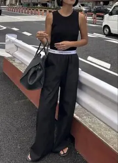 CAVEZAROSSO ロゴベルトストレートパンツ BLACK