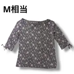 花柄　グレー　五分袖トップス　半袖　レディース　カットソー　Tシャツ　リボン付き