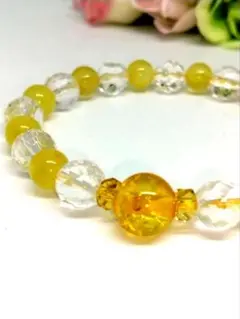 天然 琥珀 ( アンバー )/多面カット 水晶 16cm 天然石 ブレスレット