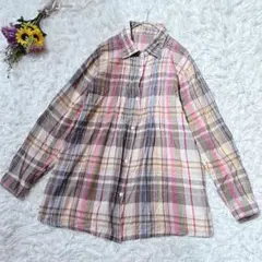 Creald　長袖チェックシャツ　ブラウス　アジャスター袖　マルチカラー　M～L