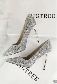 BIGTREE シルバー グリッター ハイヒールパンプス