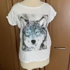 オオカミプリントスパンコールTシャツ