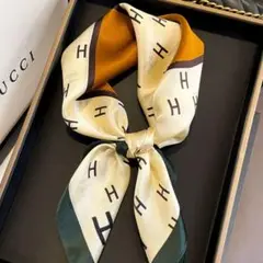 シルク風 大判 スカーフ ブラウン Hロゴ 約70cm x 70cm ②