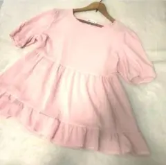 ピンク フリル　ペプラム 半袖チュニック