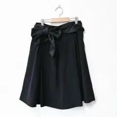 フレアスカート ブラック Lサイズ ウエストリボン ひざ丈 フォーマル 冠婚葬祭