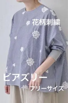 【美品】ビアズリー 刺繍シャツ ドルマン ブラウス Freeブルーストライプ