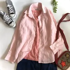 【リネン100％】Muji 無印良品 麻 長袖シャツ M ピンク ストライプ