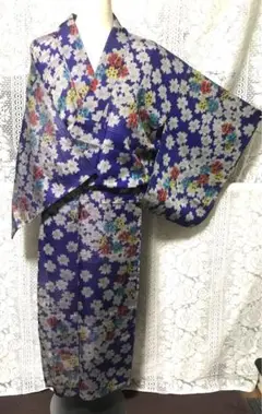 アンティーク着物　大正　昭和時代　正絹　青紫　花柄　銀糸　古布