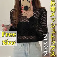 【ブラック】レディース メッシュ ニット トップス シアー 透け感 長袖 韓国