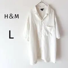 H＆M 半袖シャツ メンズ 開襟白シャツ 透け感 無地 シンプル ホワイト L