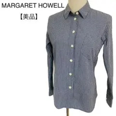 【美品】MARGARET HOWELL 青チェックシャツ コットン100%