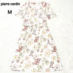 【美品】ピエールカルダン ワンピース 半袖 ベルト Aライン 花柄 リーフ柄 M