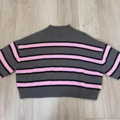 ストライプ クロップドセーター グレー ピンク