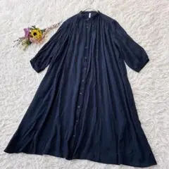 【Aller Bien】ロングシャツワンピース　七分袖　薄手　ダークネイビー　Ｌ