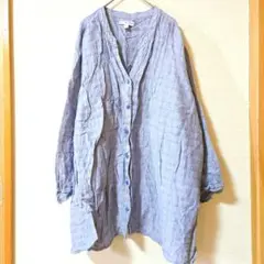 Kim Rogers 3X シャツ 薄い青チェック ノーカラー リネン コットン