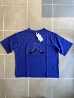 ブリスバンチ ラフィ天竺ワイドソックス箔プリントTシャツ　ブルー