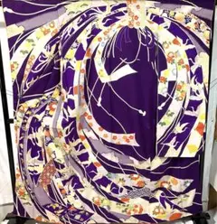 C678正絹 振袖 熨斗束紋鶴鳳凰宝ちらし組紐金駒刺繍金彩柄 成人式 着物