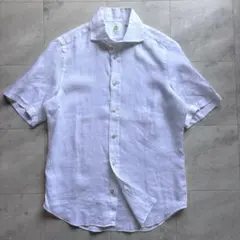 【極美品】フィナモレ リネン100% ワイドカラー半袖シャツ イタリア製 M 麻